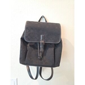 Coach Womens Signature Drawstring Backpack Black Canvas Leather 6080 Rare